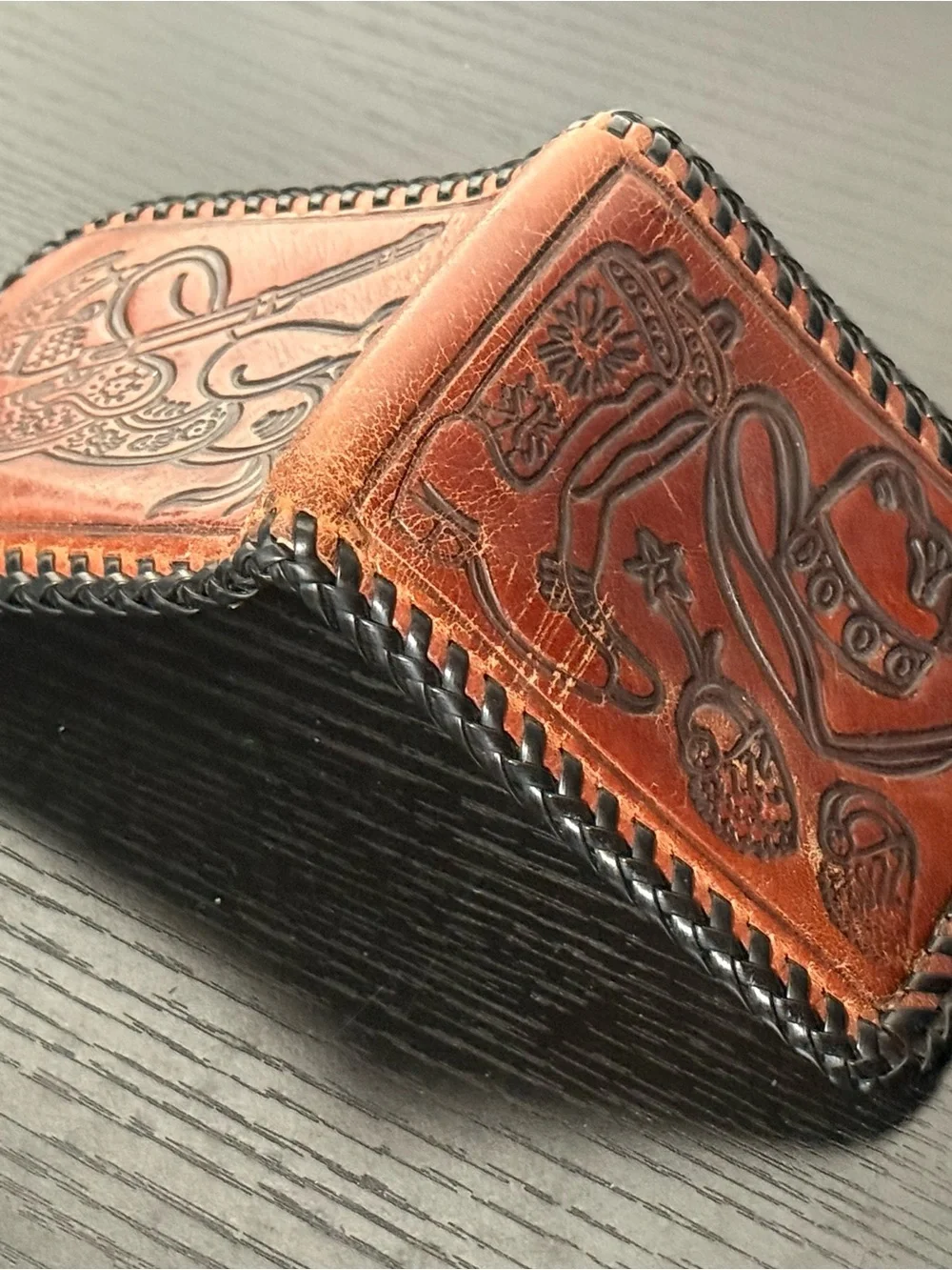 VTG Handmade Leather Wallet with Cowboy Motifs Boots & Spurs, Hat, Gun & Saddle